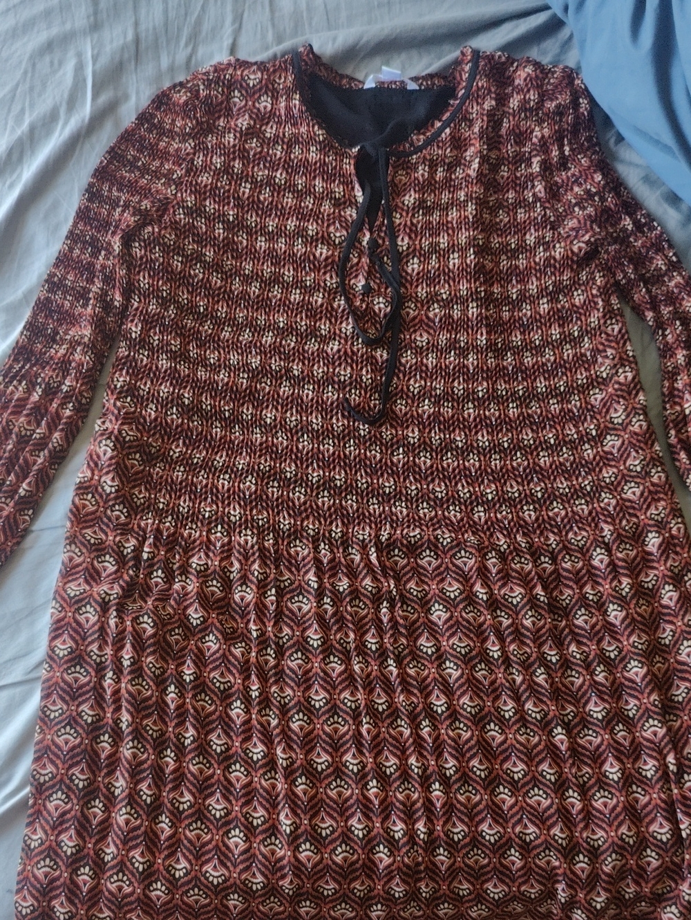 Joe Fresh Burgundy, Cream & Black Long-Sleeve Tie-Front Knit Dress